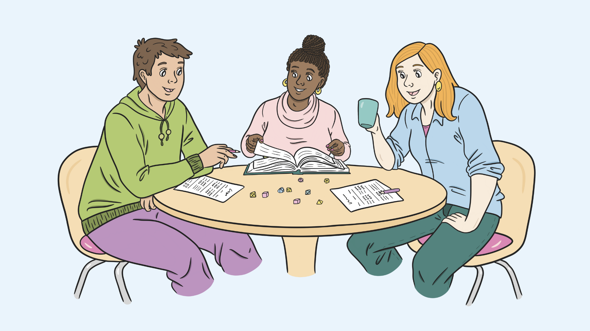 Digitaalisesti piirretty piiros ihmisistä, jossa he pelaavat pöydän äärellä pöytäroolipeliä.