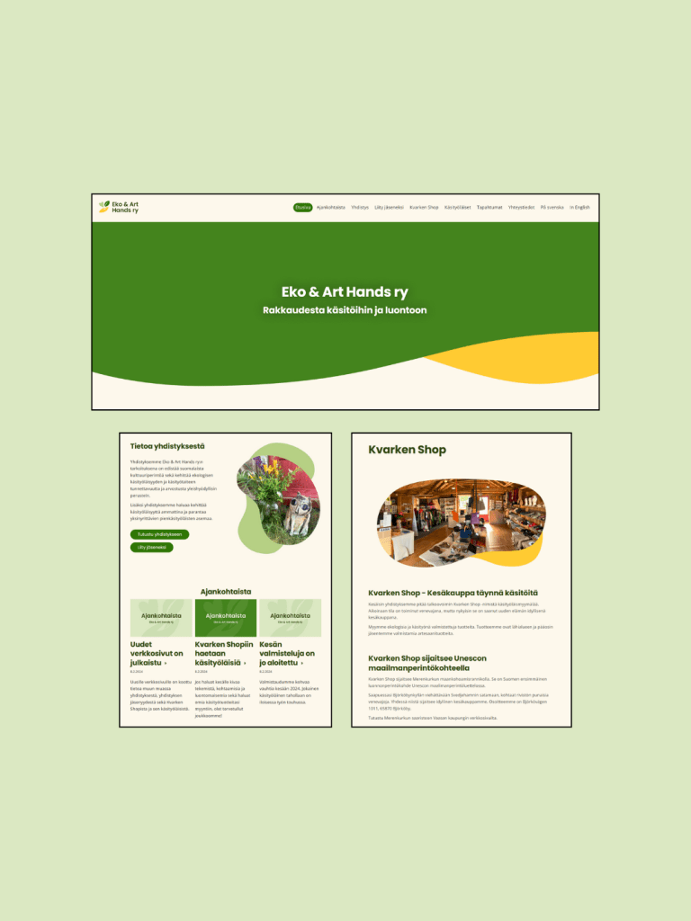 Kuvakaappauksia Eko & Art Hands ry:n verkkosivuista.