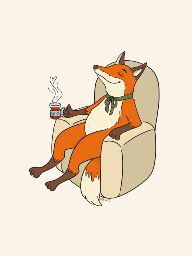 Kettu, joka istuu nojatuolissa ja juo glögiä. Digitaalinen piirros.