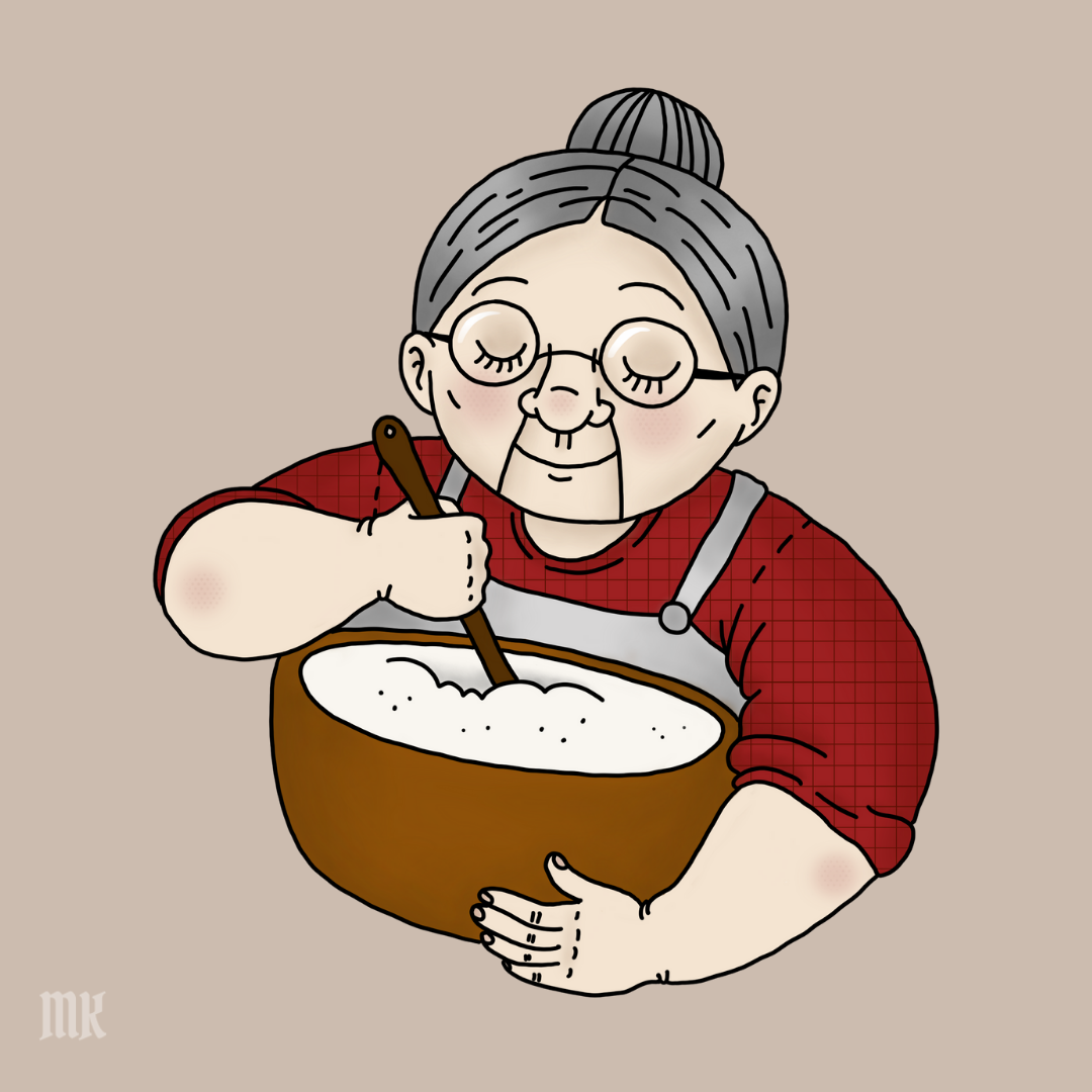 Digitaalisesti piirrettu kuvitus, jossa joulumuori sekoittaa kauhaa riisipuuropadassa.