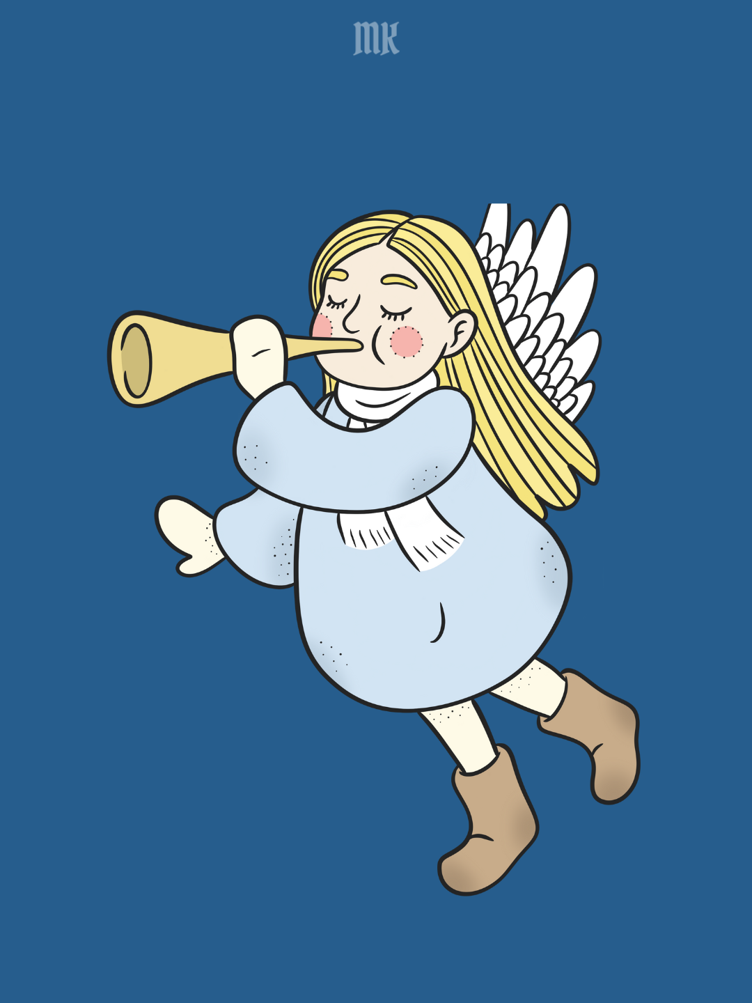 Digitaalisesti piirrettu kuvitus enkelistä, joka soittaa torvea.