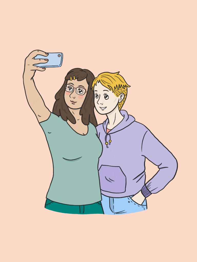 Digitaalinen piirros kahdesta nuoresta, jotka ottavat itsestään selfietä yhdessä.