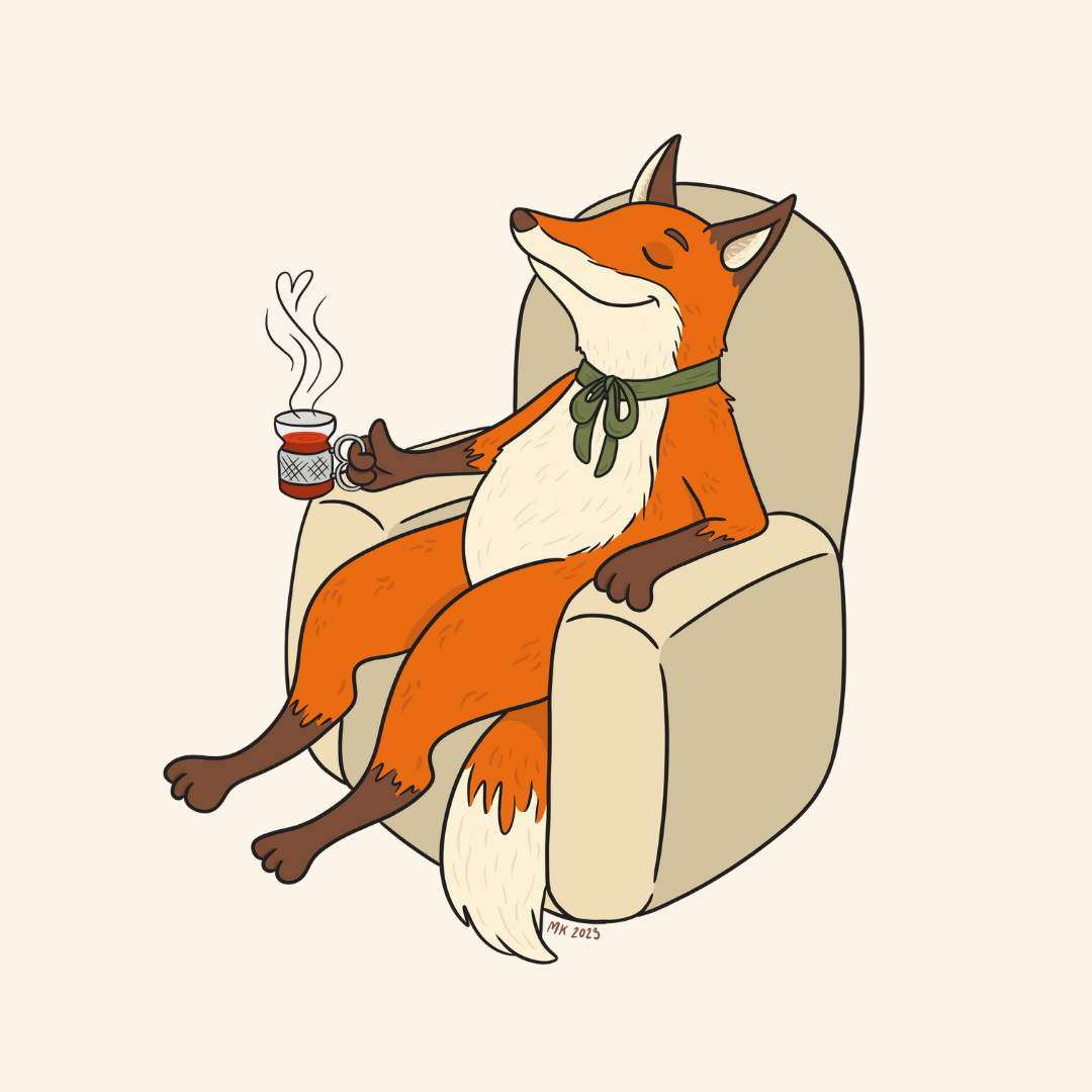 Kettu, joka istuu nojatuolissa ja juo glögiä. Digitaalinen piirros.