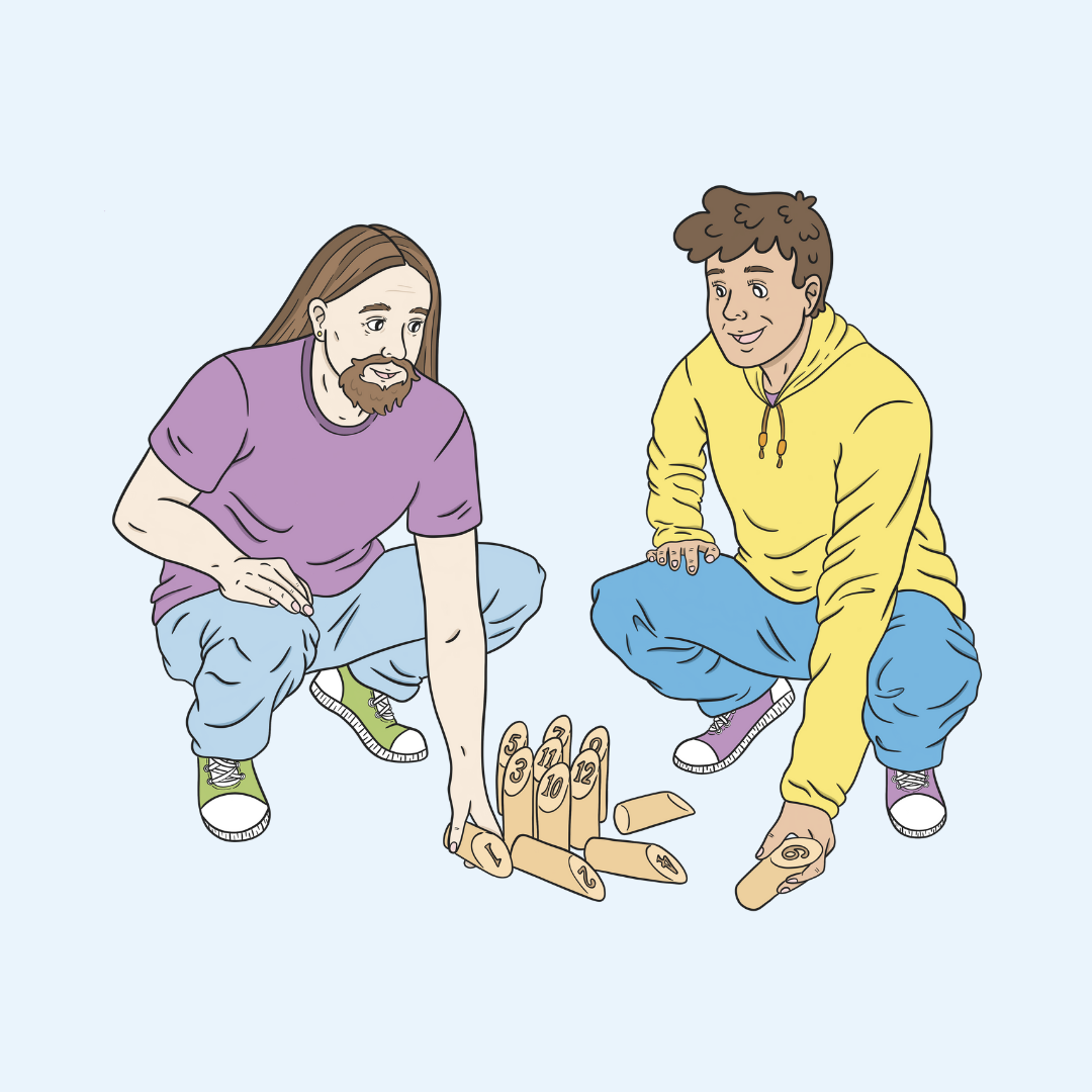 Digitaalinen piirros kahdesta miehestä, jotka pelaavat mölkkyä.