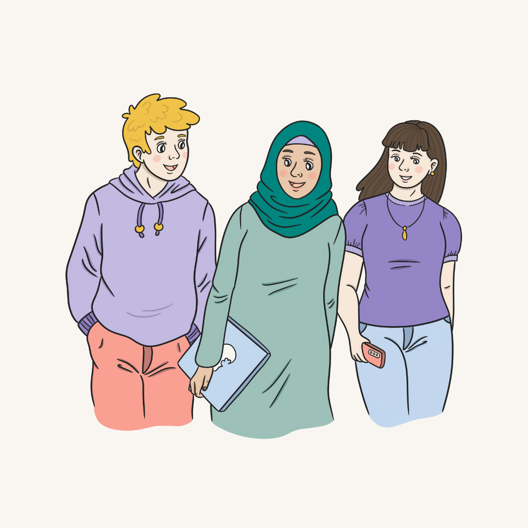 Digitaalinen piirros kolmesta nuoresta kävelemässä.