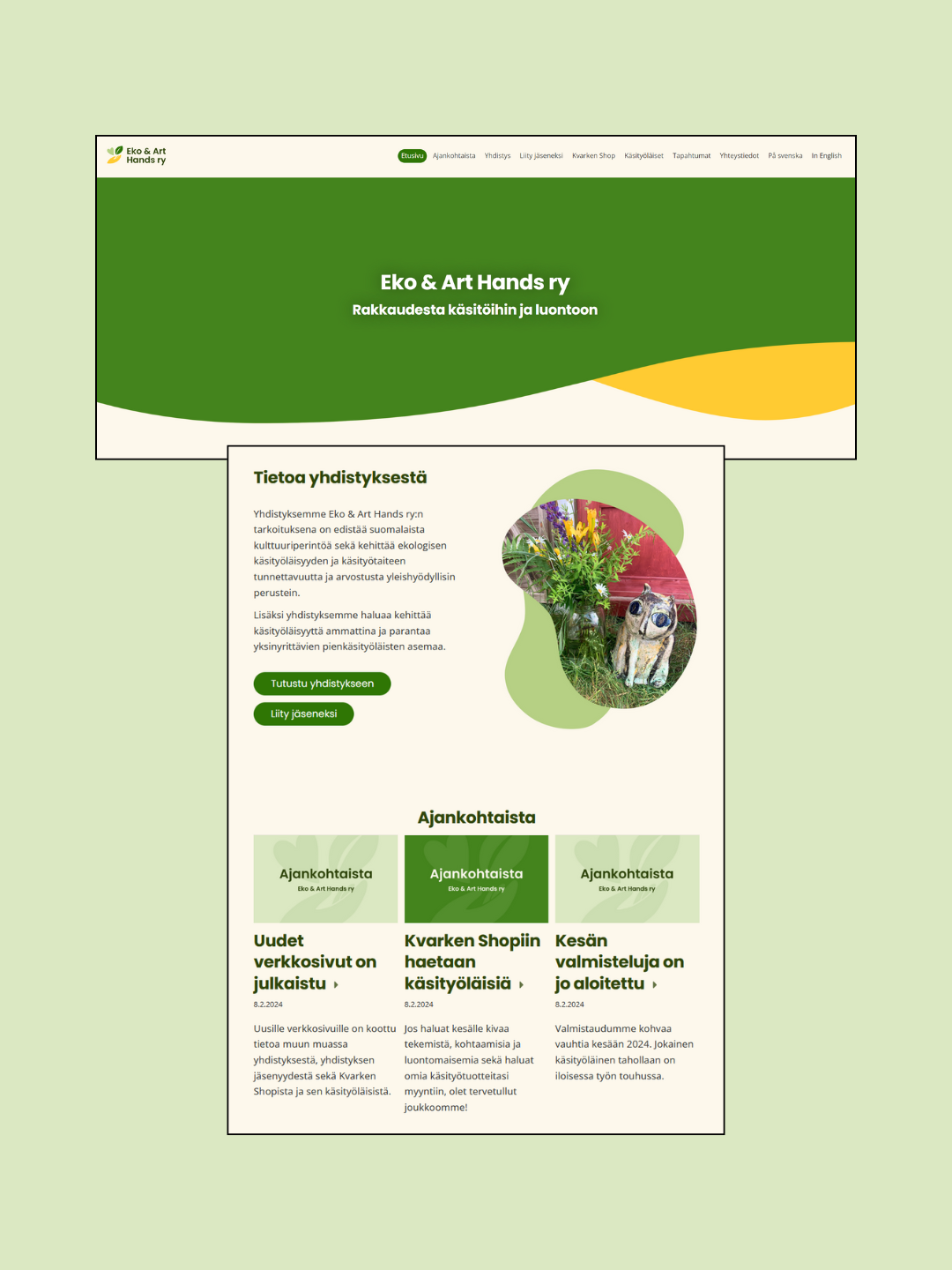 Kuvakaappauksia Eko & Art Hands ry:n verkkosivuilta.