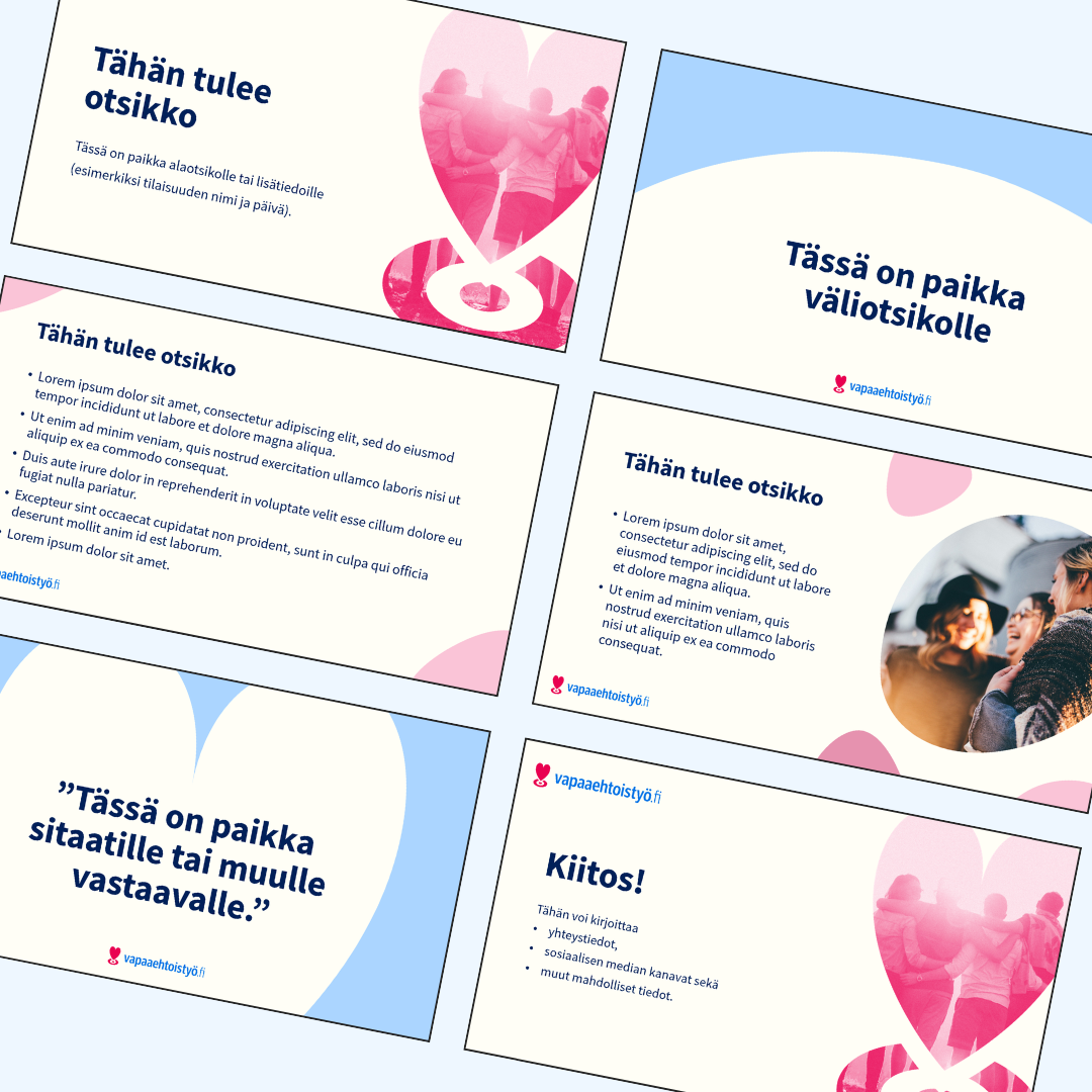 Kuvia Vapaaehtoistyö.fi-palvelulle tehdyistä esitysdioista.