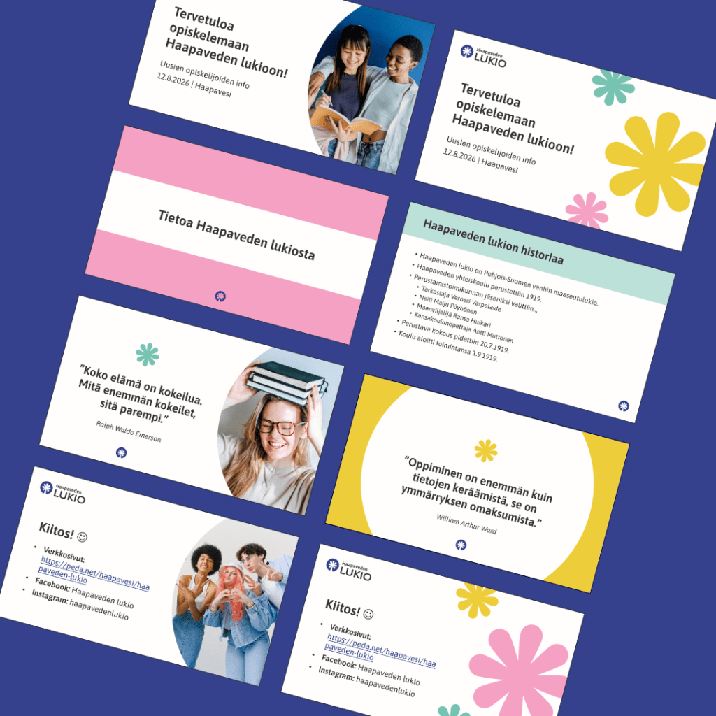 Kuvakaappauksia Haapaveden lukiolle tehdyistä PowerPoint-esityspohjien dioista.