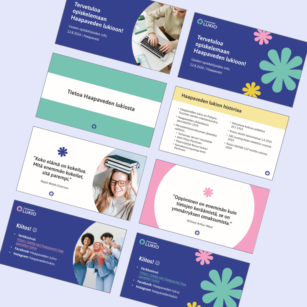 Kuvakaappauksia Haapaveden lukiolle tehdyistä PowerPoint-esityspohjien dioista.